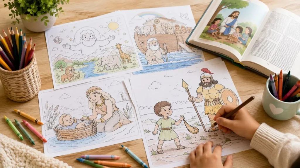 criança utilizando desenhos bíblicos para colorir e imprimir