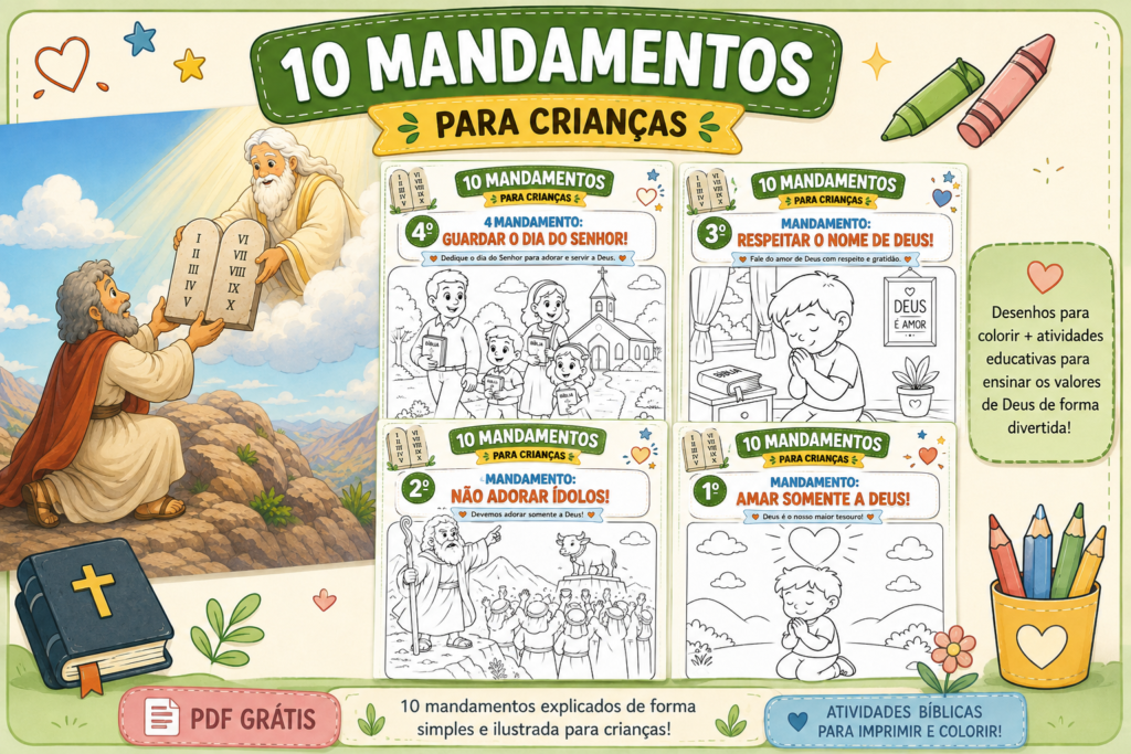 Atividades bíblicas dos 10 Mandamentos para crianças com desenhos para colorir e atividades educativas para imprimir.