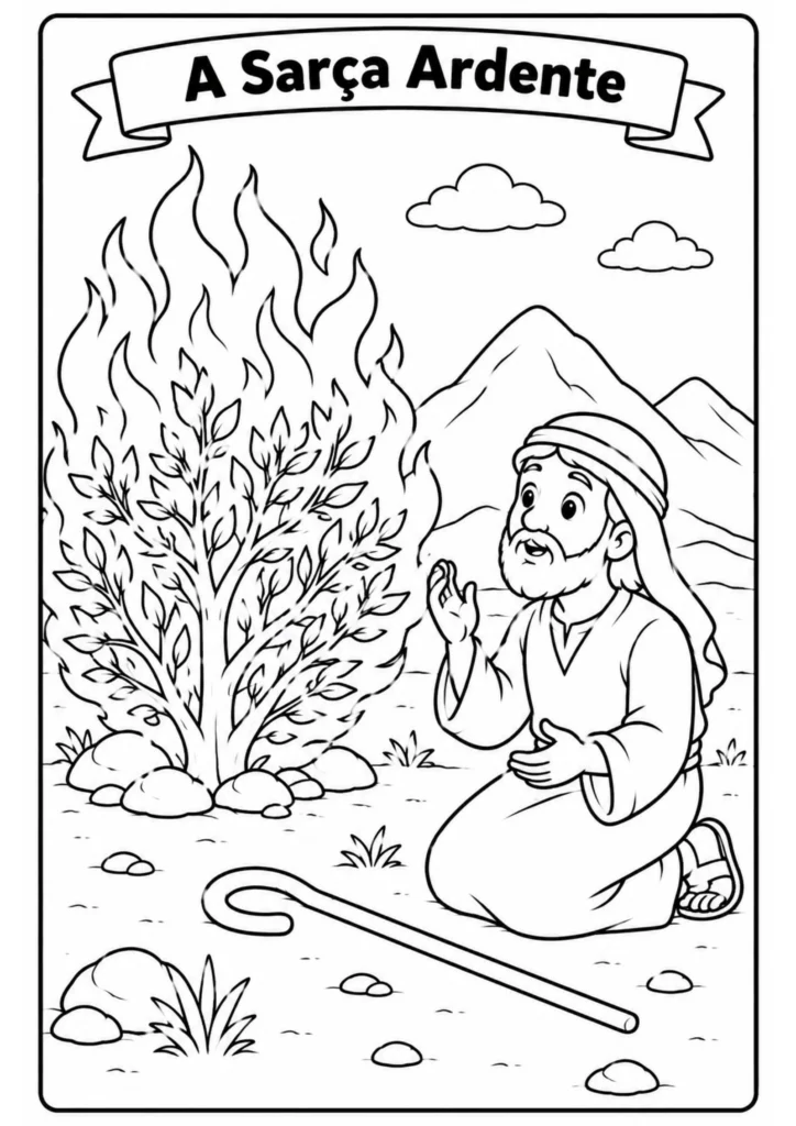 Desenho bíblico para colorir de Moisés diante da sarça ardente.