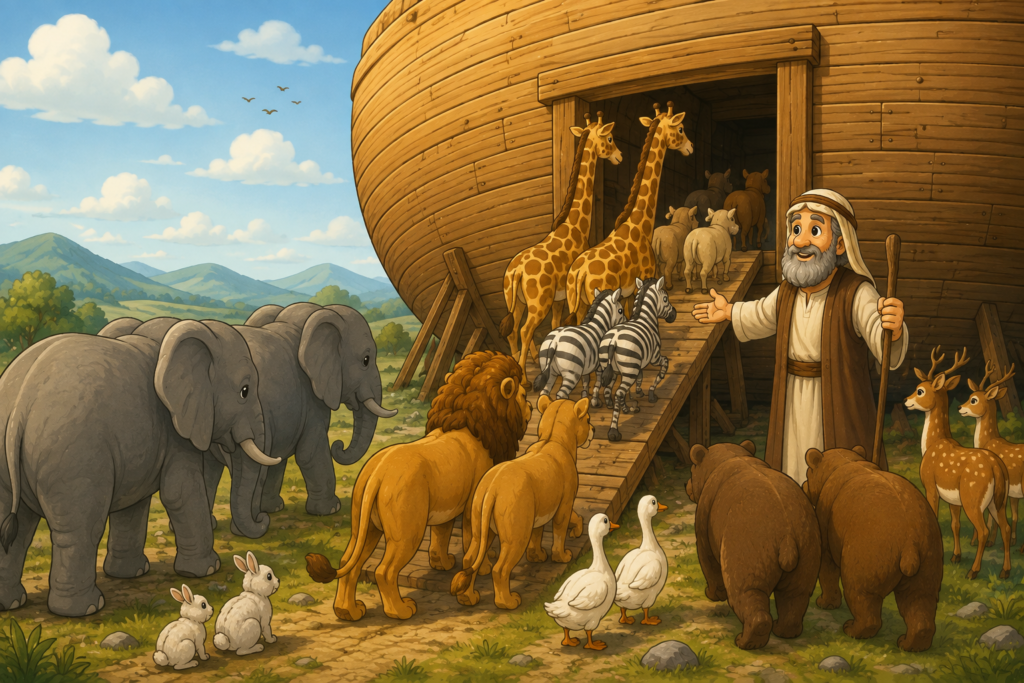 Animais entrando na arca de Noé antes do dilúvio em ilustração infantil.