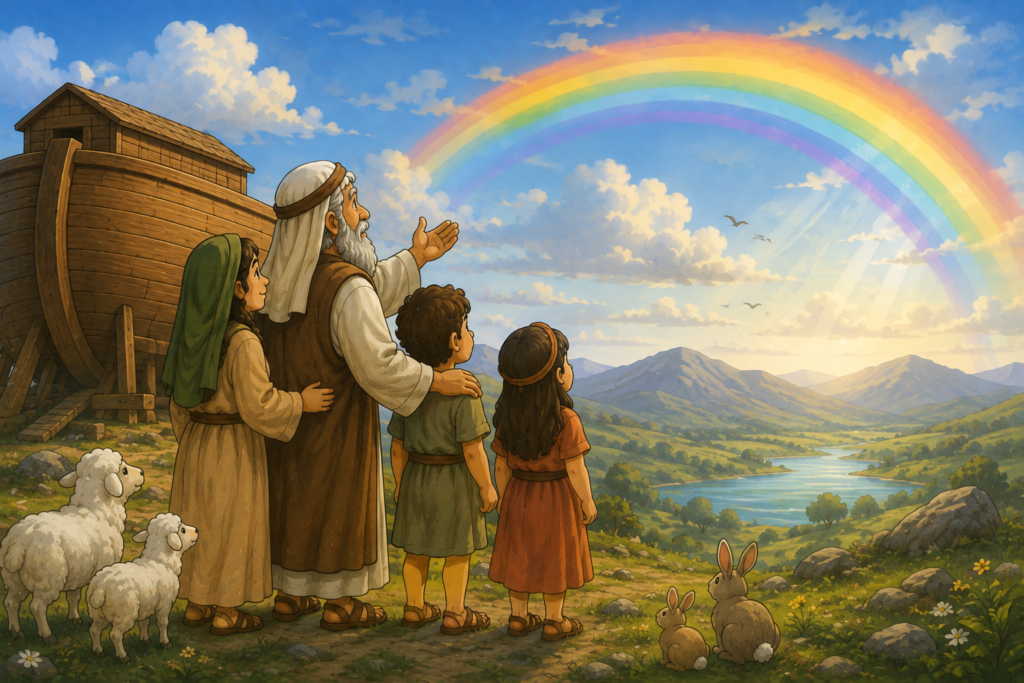 Família de Noé observando o arco-íris, símbolo da promessa de Deus após o dilúvio.