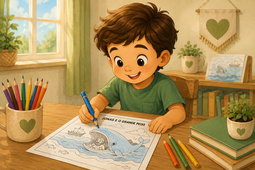 Criança colorindo atividade de Jonas e o grande peixe