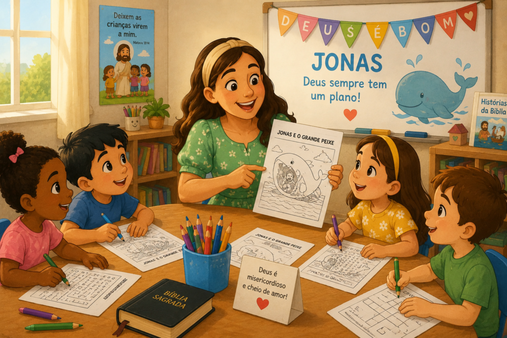 Crianças realizando atividades bíblicas infantis sobre Jonas e o grande peixe com desenhos para colorir e exercícios impressos.