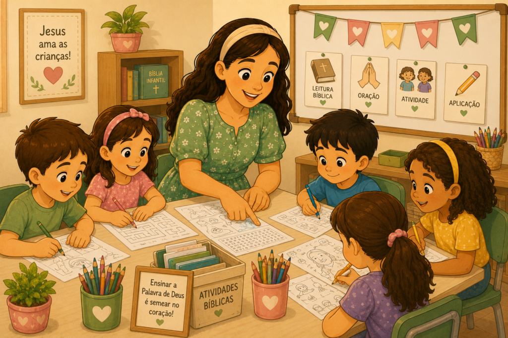 Professora realizando atividades bíblicas infantis com crianças usando desenhos, jogos e atividades impressas sobre histórias da Bíblia.