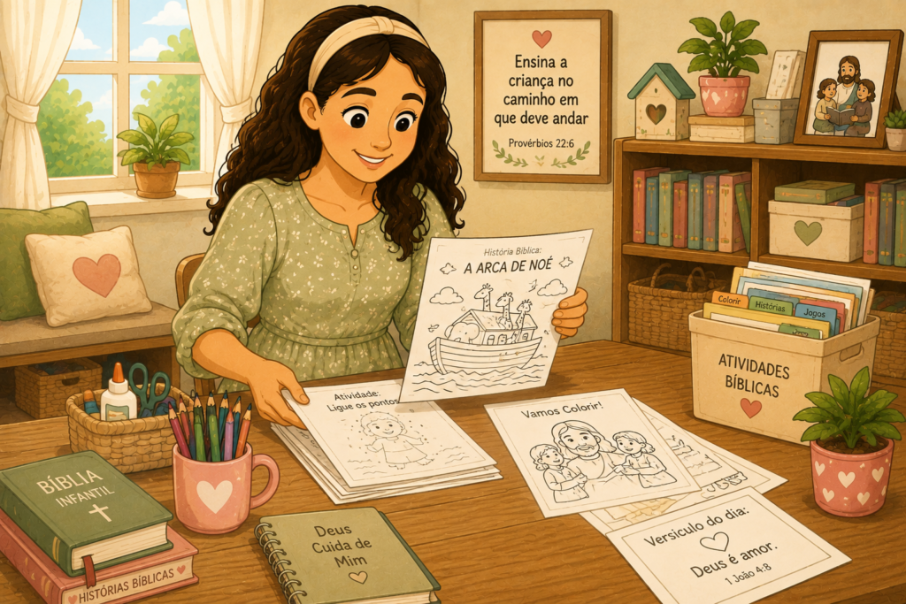 Professora apresentando atividades bíblicas para imprimir, com desenho da Arca de Noé, páginas para colorir e versículo infantil.