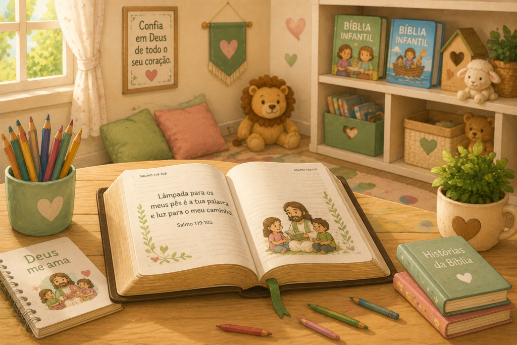 Bíblia infantil aberta com o versículo de Salmo em um ambiente preparado para leitura e ensino bíblico para crianças.