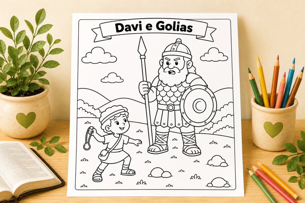 Desenho de Davi e Golias para colorir e imprimir.