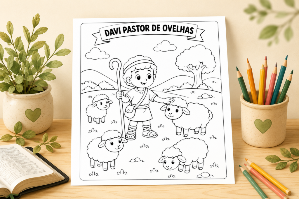 Desenho infantil de Davi pastor de ovelhas para colorir e imprimir.