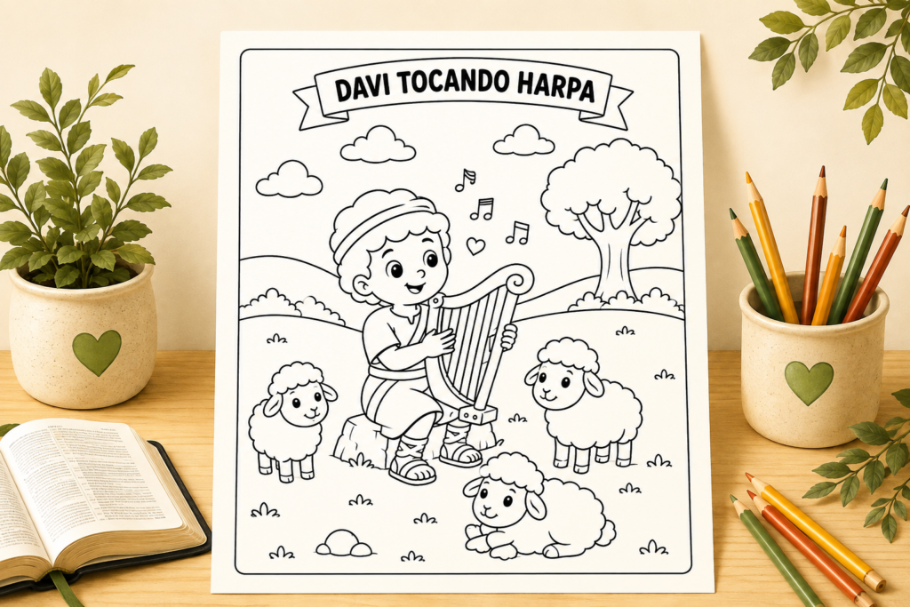 Desenho infantil de Davi tocando harpa para colorir e imprimir.