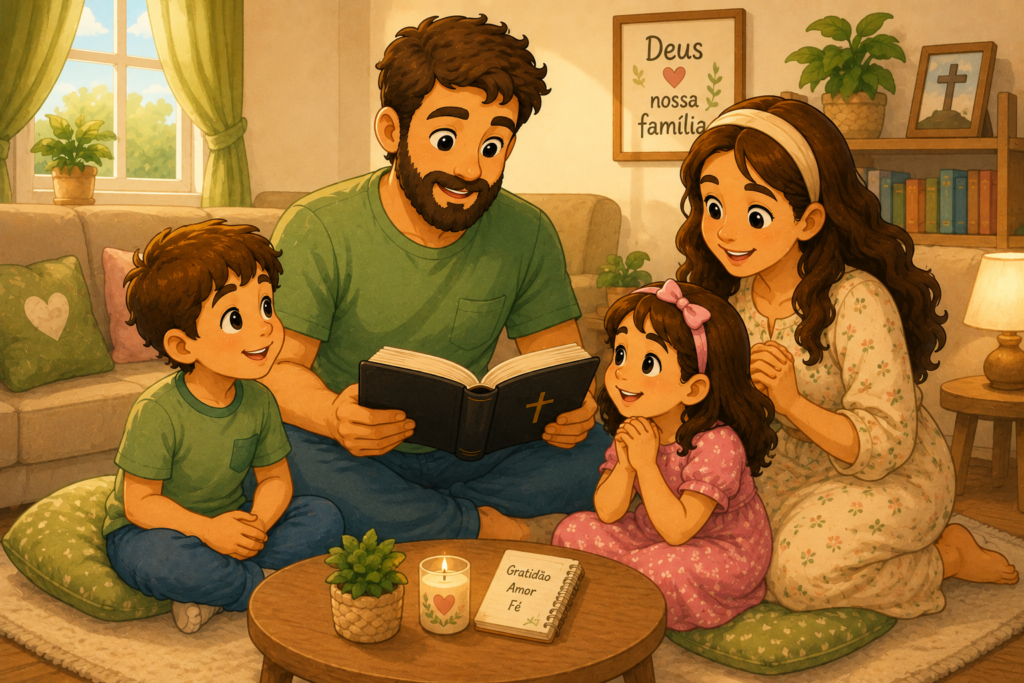 Pai e mãe lendo a Bíblia com os filhos durante um momento de fé e ensino cristão em família.