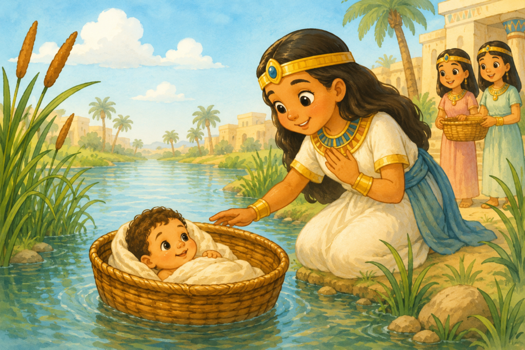 Ilustração da filha do Faraó encontrando o bebê Moisés no cestinho às margens do rio Nilo.