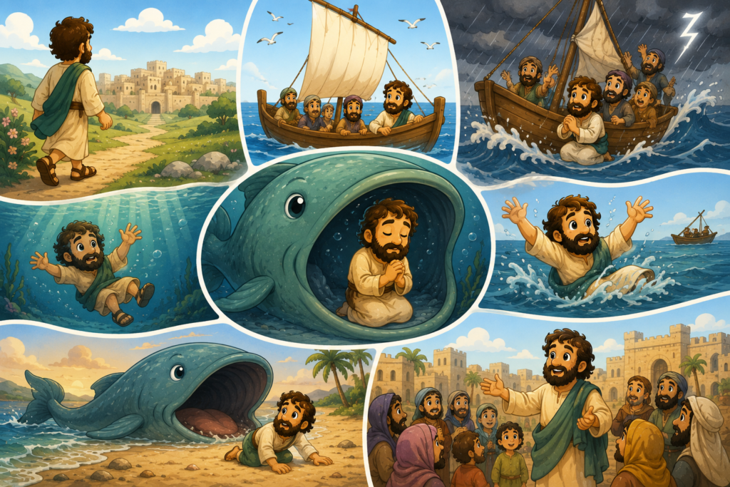 Ilustração da história bíblica de Jonas e o grande peixe para crianças, mostrando Jonas no barco, no mar, dentro do peixe e retornando a Nínive.