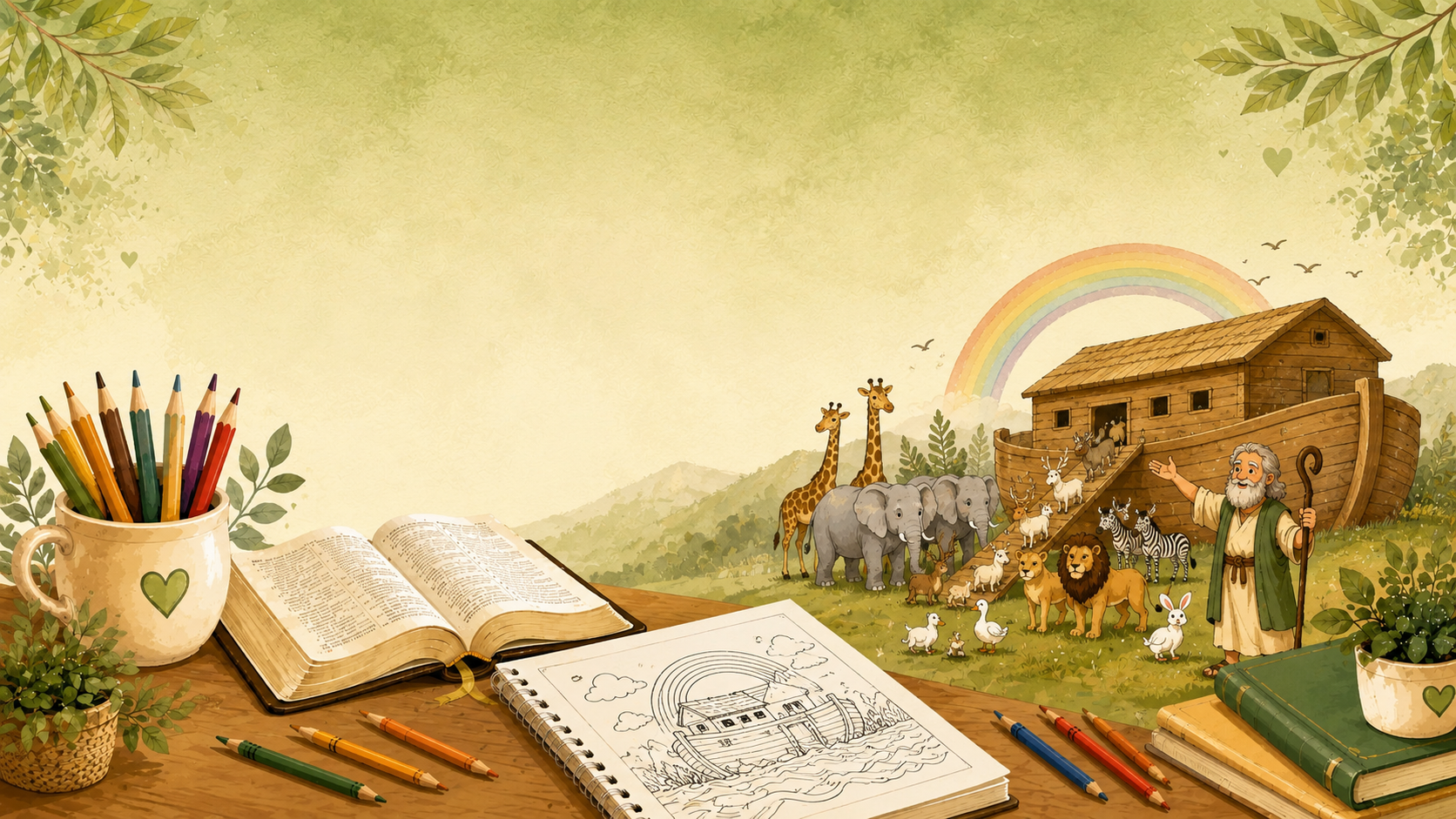 História de Noé para crianças com Bíblia, atividade para colorir, arca de Noé e animais em ilustração infantil.