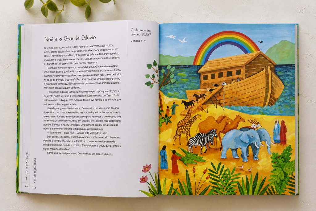 Página ilustrada da História de Noé no livro infantil A Grande História da Bíblia.