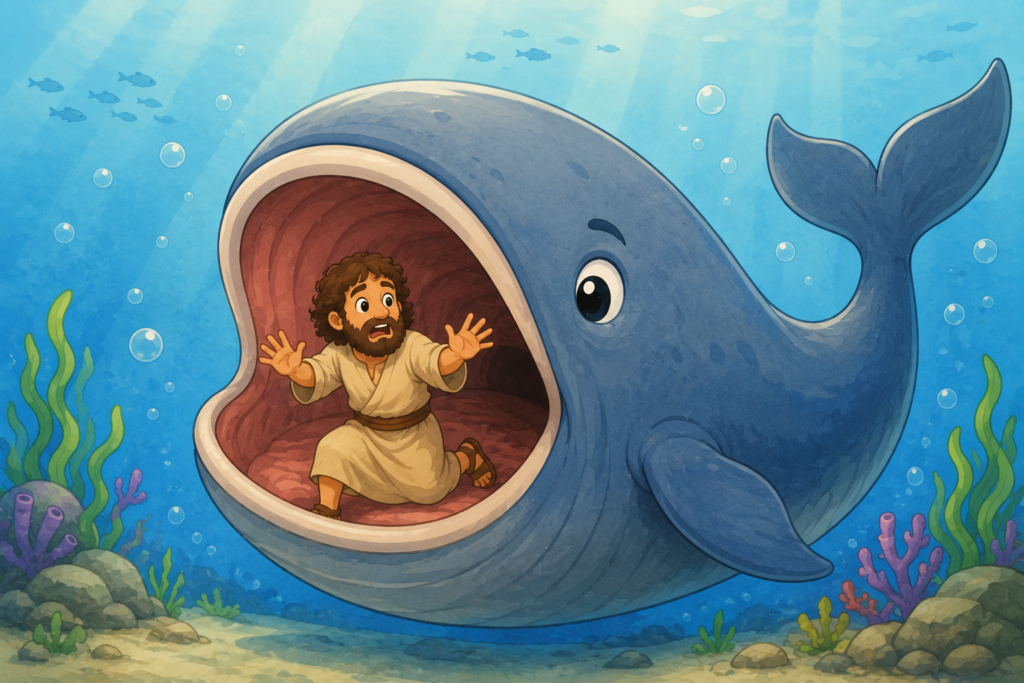 Jonas dentro do grande peixe em ilustração bíblica infantil