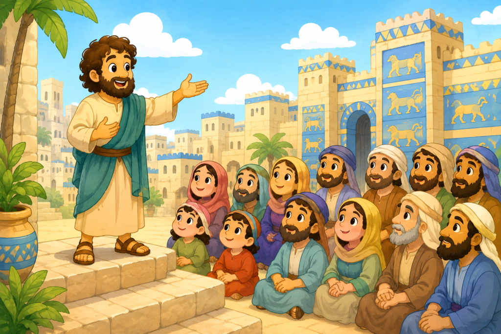Jonas pregando para o povo de Nínive em ilustração infantil