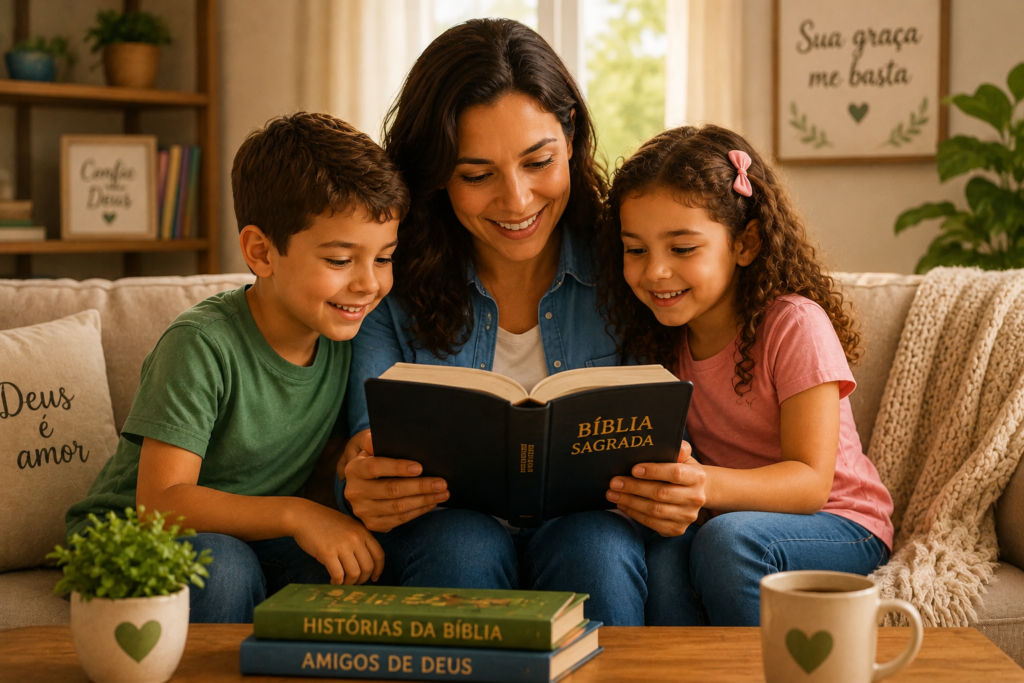 Mãe lendo a Bíblia com seus dois filhos em casa durante um momento de ensino cristão em família.