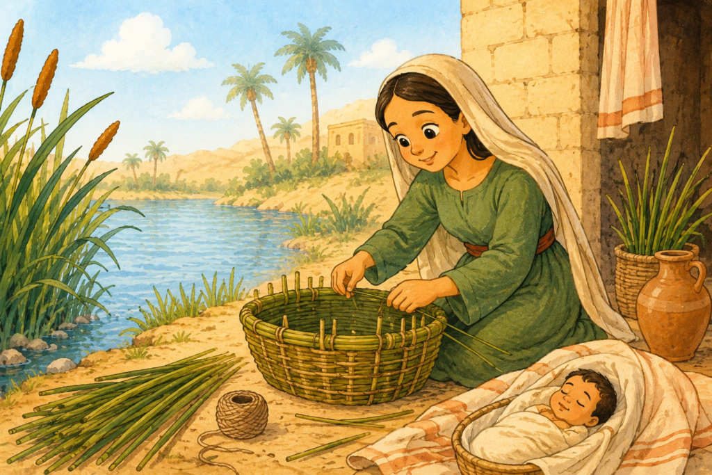 Ilustração da mãe de Moisés preparando o cestinho enquanto o bebê está ao seu lado.