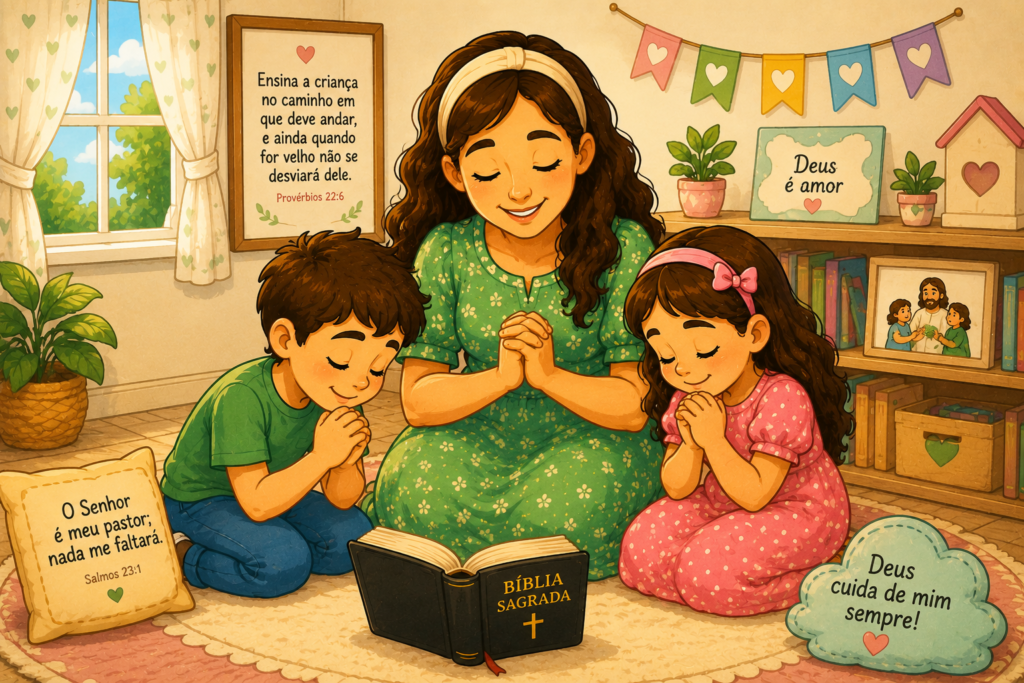 Mãe cristã orando com dois filhos ao lado da Bíblia em um momento de fé em família.