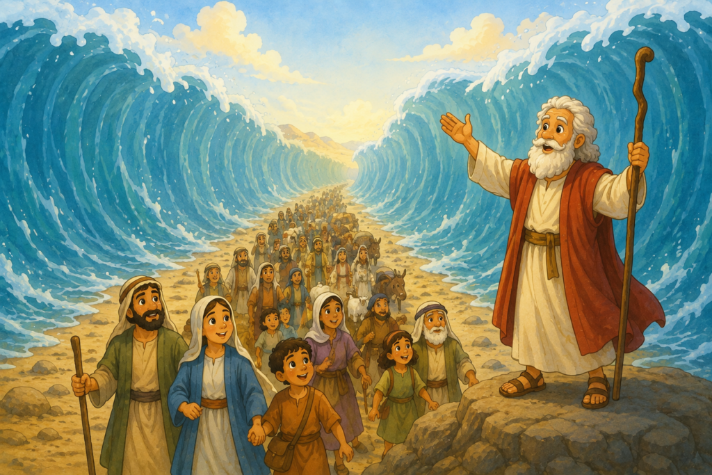 Ilustração bíblica infantil de Moisés conduzindo o povo durante a abertura do Mar Vermelho.