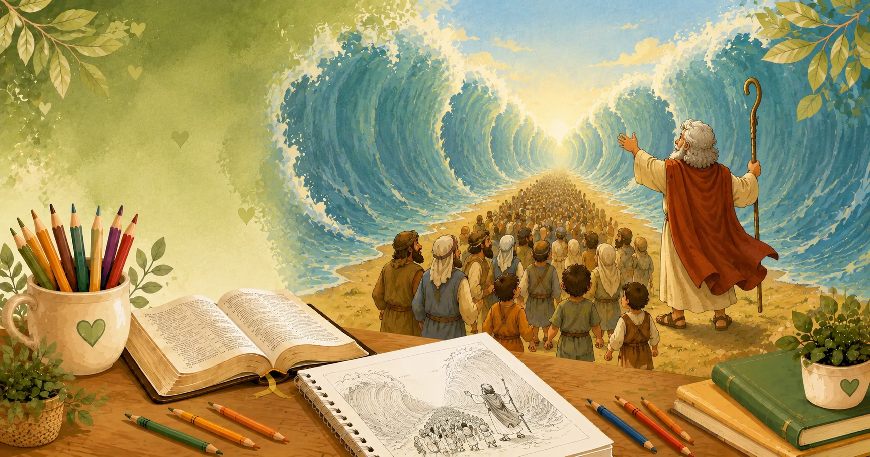 Ilustração de Moisés abrindo o Mar Vermelho com atividade bíblica infantil sobre a história.