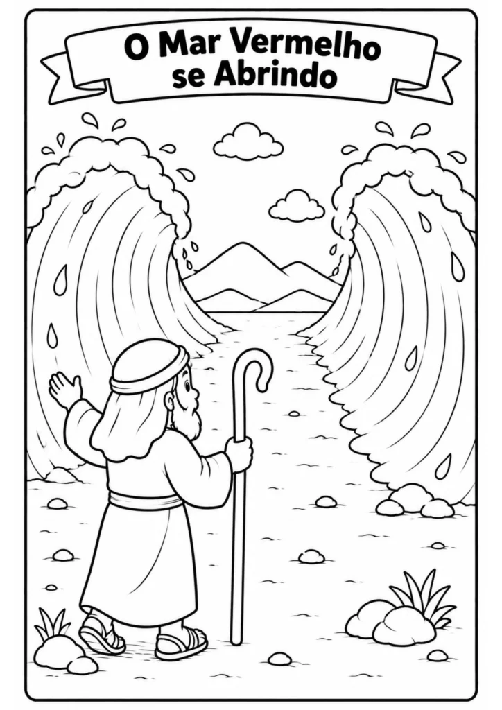 Desenho bíblico para colorir de Moisés diante do Mar Vermelho se abrindo.