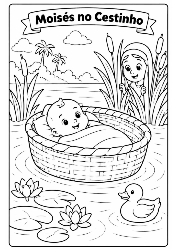 Desenho para colorir do bebê Moisés no cestinho sobre o rio Nilo.