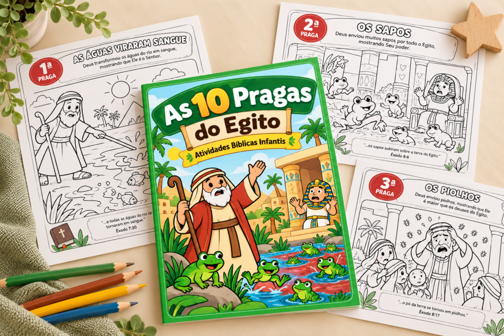 Atividades bíblicas infantis sobre as 10 pragas do Egito com desenhos para colorir e imprimir.