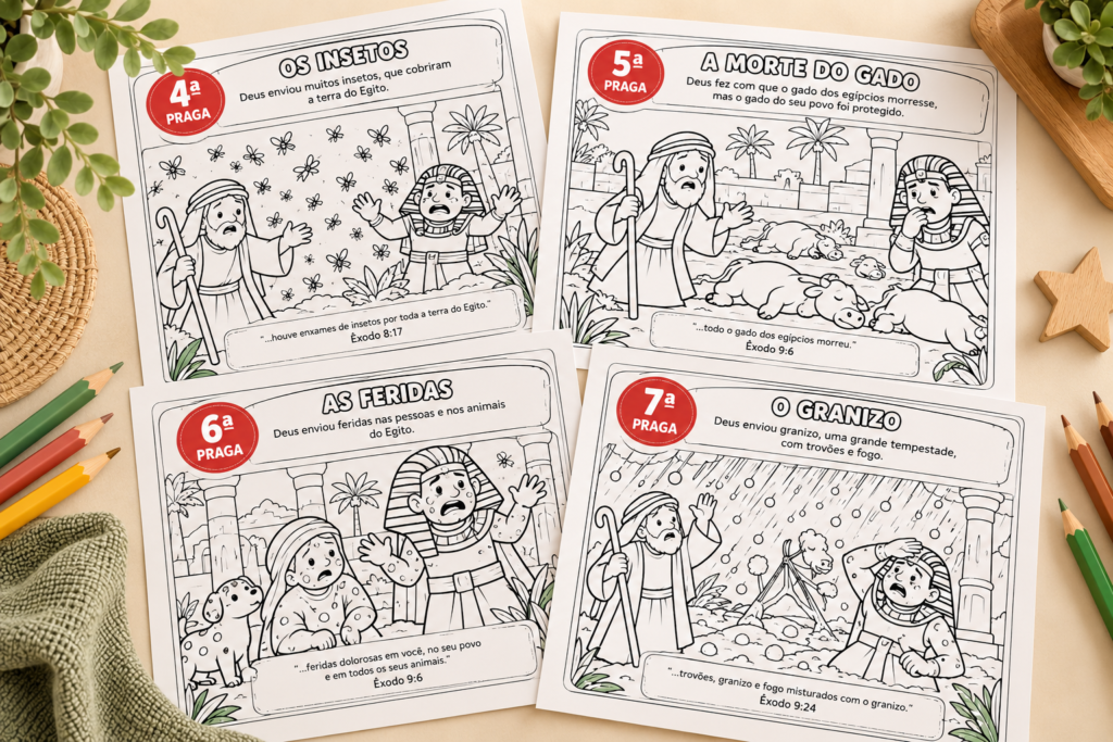 Desenhos das pragas do Egito para colorir mostrando insetos, morte do gado, feridas e granizo.