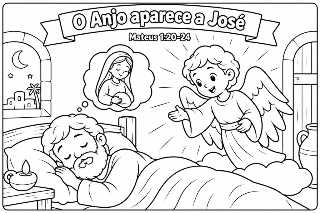 Atividade de Natal para colorir sobre o anjo aparecendo a José
