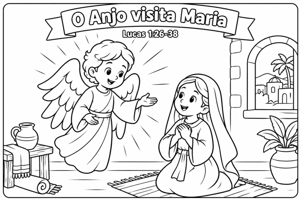 Atividade de Natal para colorir sobre o anjo visitando Maria