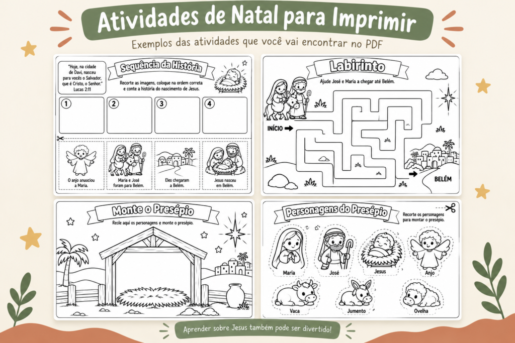 Prévia de atividades de Natal para imprimir com labirinto, sequência da história e presépio