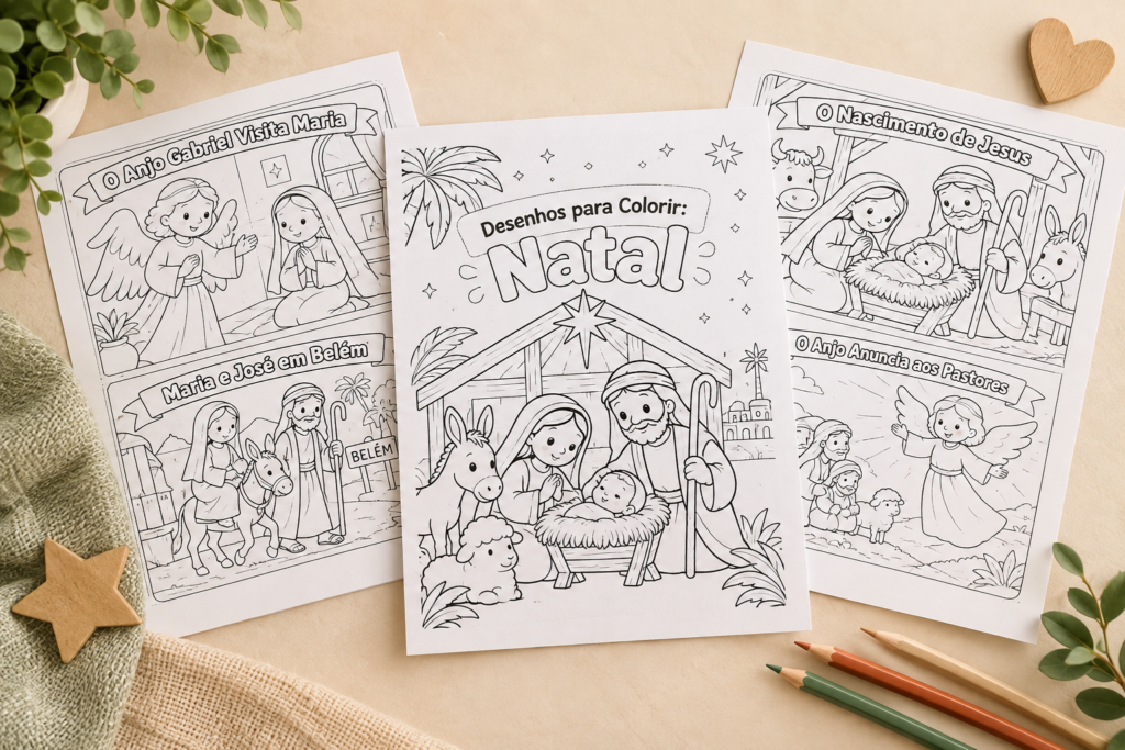 Desenhos de Natal para colorir com cenas do nascimento de Jesus, Maria, José, anjo e pastores.