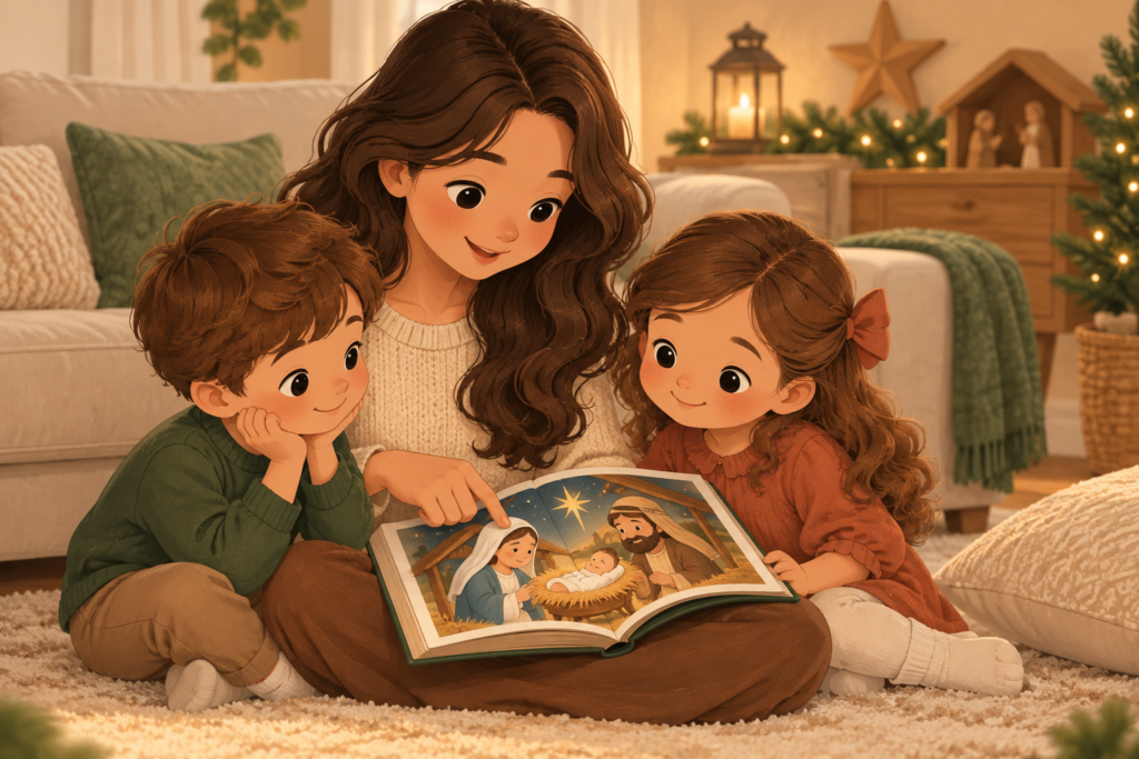 Mãe lendo a Bíblia com duas crianças durante o Natal