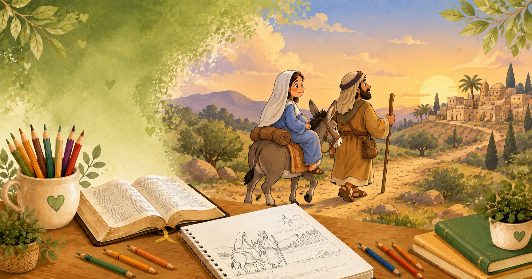 Ilustração de Maria e José a caminho de Belém com desenho de Natal para colorir.