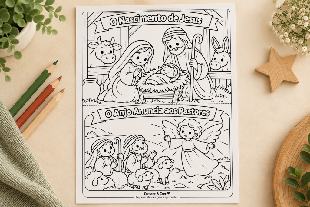 Desenhos do nascimento de Jesus para colorir com a manjedoura e o anjo anunciando aos pastores.