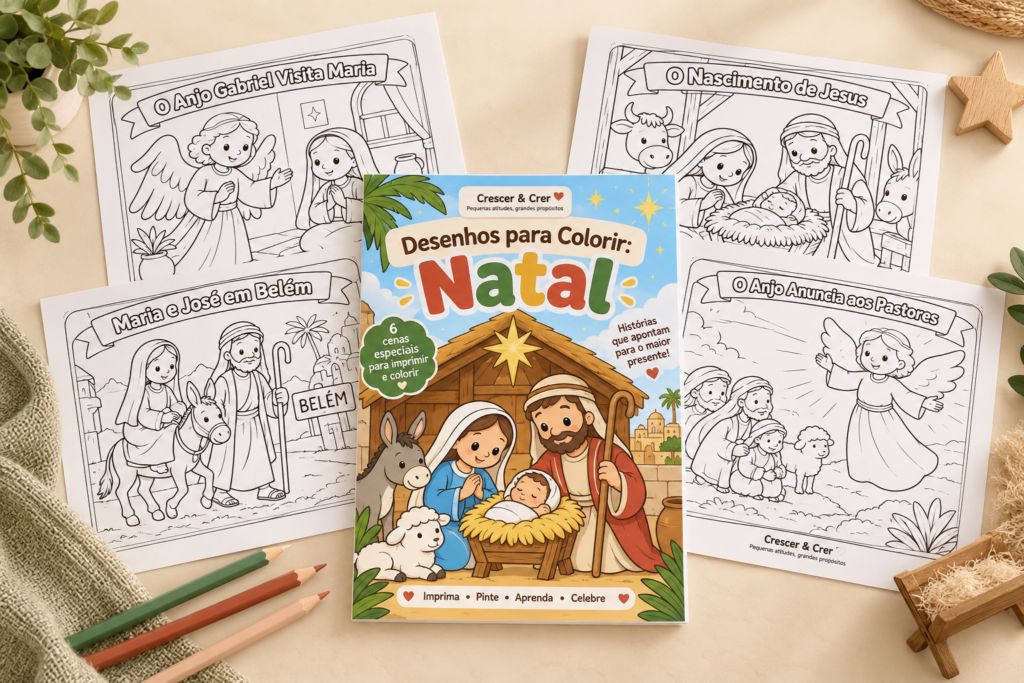 PDF com desenhos do nascimento de Jesus para colorir e imprimir com seis cenas bíblicas de Natal.