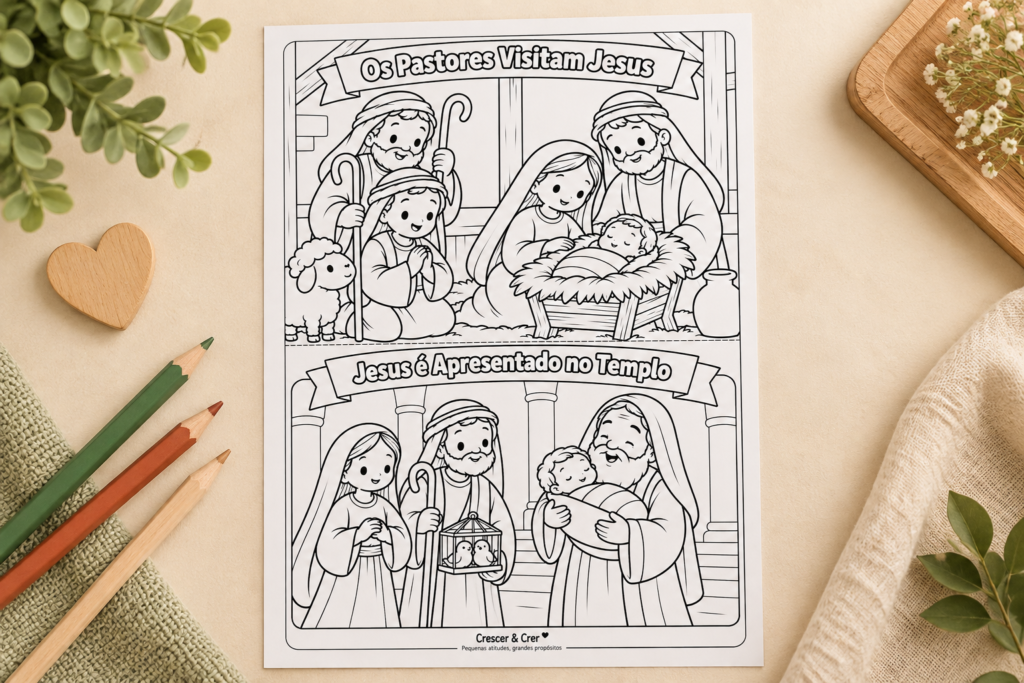 Desenhos para colorir dos pastores visitando Jesus e da apresentação de Jesus no templo.