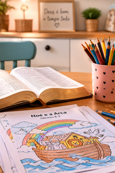 Mesa preparada para culto doméstico com Bíblia aberta, atividades bíblicas para crianças e lápis de cor.