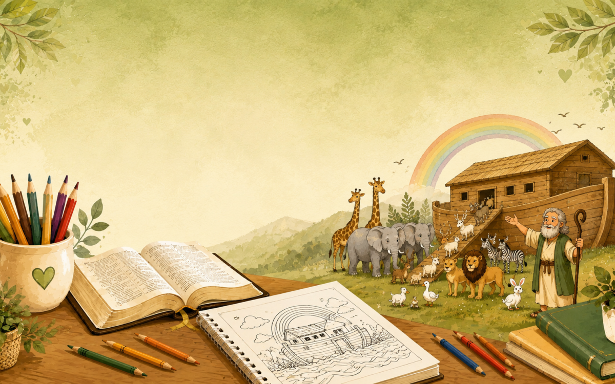 História de Noé para crianças com Bíblia, atividade para colorir, arca de Noé e animais em ilustração infantil.