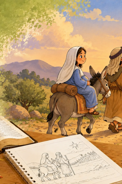 Ilustração de Maria e José a caminho de Belém com desenho de Natal para colorir.