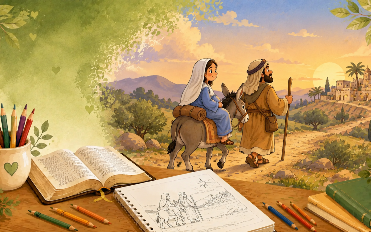 Ilustração de Maria e José a caminho de Belém com desenho de Natal para colorir.
