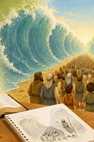 Ilustração de Moisés abrindo o Mar Vermelho com atividade bíblica infantil sobre a história.