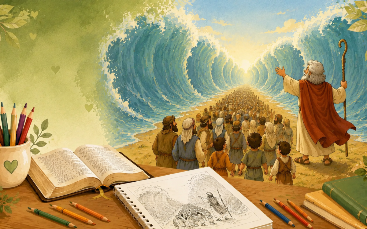 Ilustração de Moisés abrindo o Mar Vermelho com atividade bíblica infantil sobre a história.
